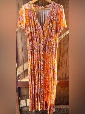 Marine Layer Orange Floral Maxi Dress with Pink & Cream Daisy Print